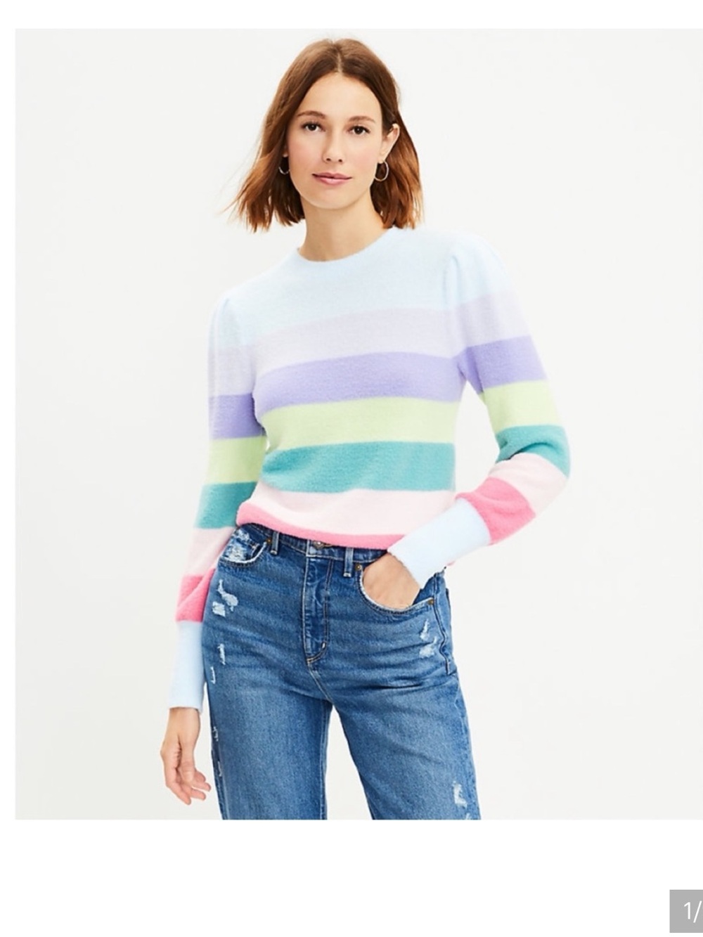 LOFT Pastel Striped Crewneck Sweater in Lavender, Mint & Pink